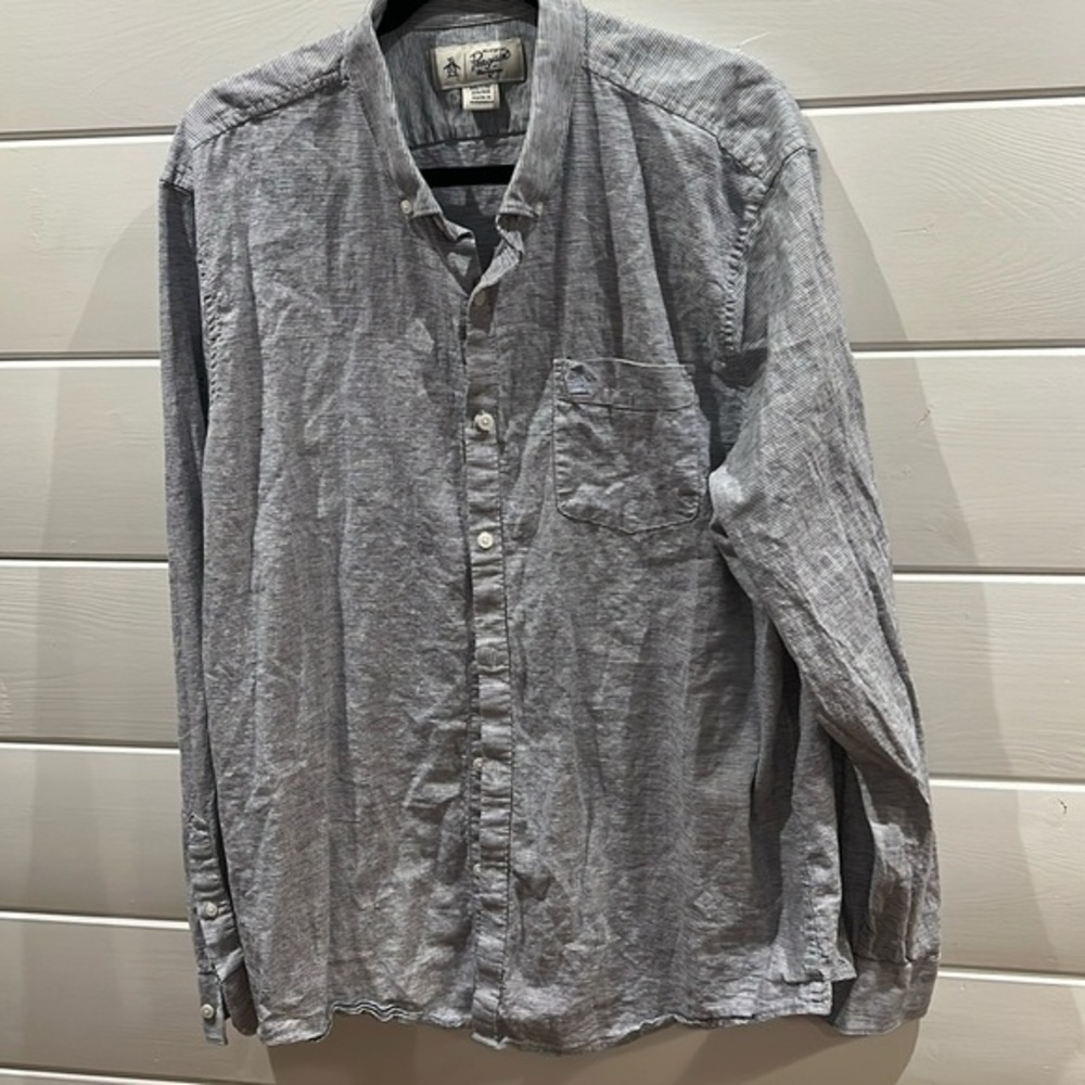 Penguin linen men’s XXL washed linen button up striped shirt‎